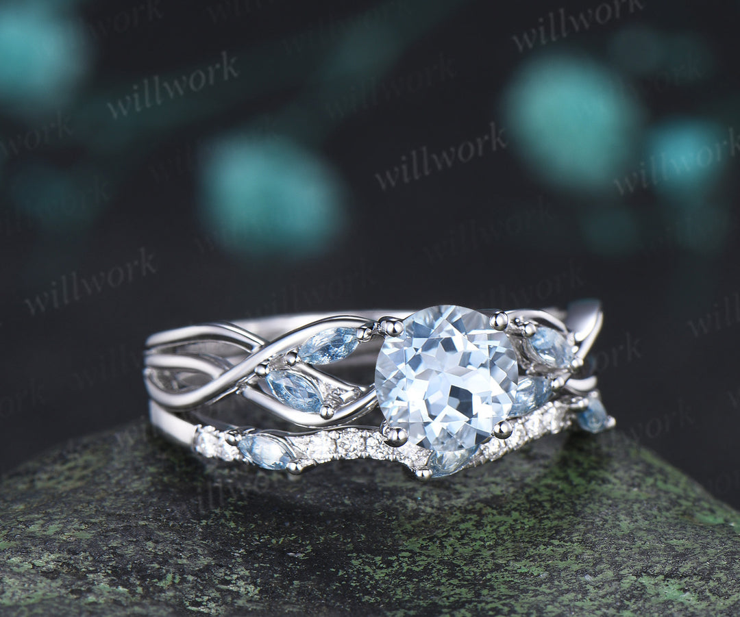 1CT round aquamarine ring set marquise aquamarine twisted engagement ring moissanite matching band March birthstone jewelry for her