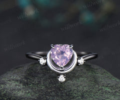 Heart cut lavender amethyst moon ring white gold crescent black gold band two gold tones diamond art deco bridal jewelry