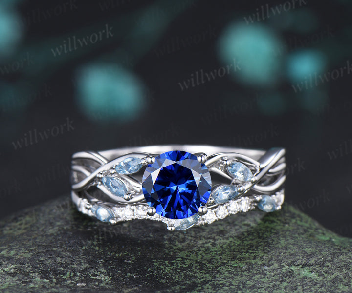 Round Cut Sapphire Engagement Ring Set Twisted Marquise Aquamarine Ring Wave Moissanite Stacking Ring Unique Bridal Set
