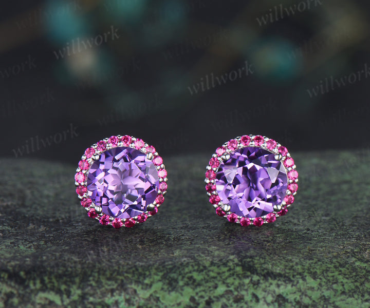 Enchanting round amethyst stud earrings red ruby halo piercing birthstone earrings gifts for her