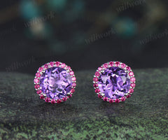 Enchanting round amethyst stud earrings red ruby halo piercing birthstone earrings gifts for her