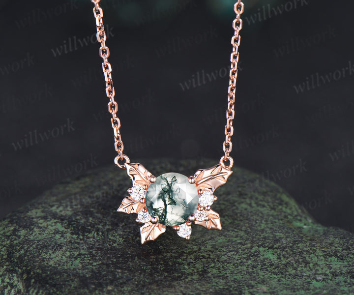 Round moss agate leaf pendant necklace nature inspired moissanite rose gold necklace birthday anniversary gifts