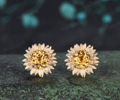 Round Cut Yellow Citrine Sunflower Stud Earrings Nature Inspired Citrine Flower Earrings November Birthstone Gift
