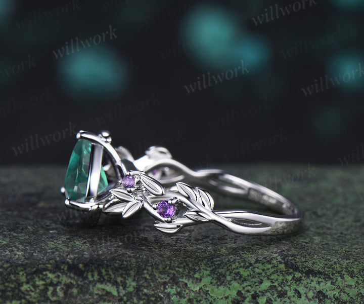 Unique trillion cut emerald engagement ring star leaf twig amethyst accent five stones promise ring