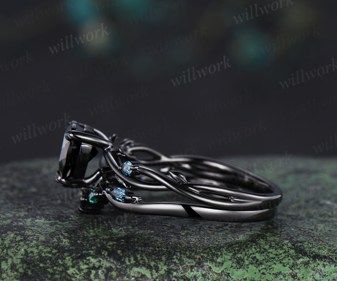 Black gold heart black onyx engagement ring leaf twisted ring London blue topaz curved wedding band mysterious bridal set