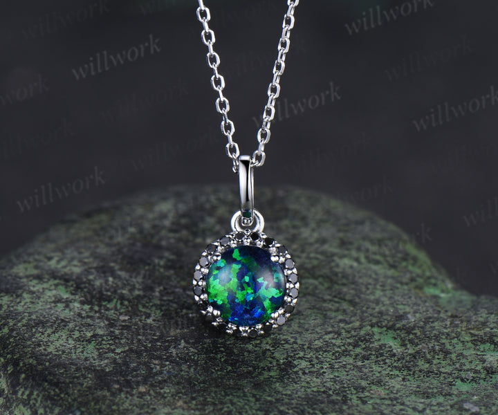 Vintage round black opal necklace unique black diamonds/black spinels pendant necklace wedding anniversary birthday gifts