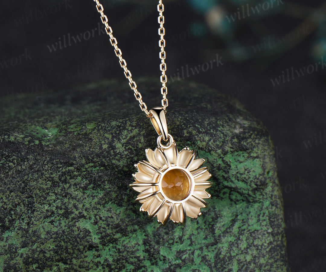 Round cut citrine sunflower necklace solitare yellow cystal pendant necklace November jewelry