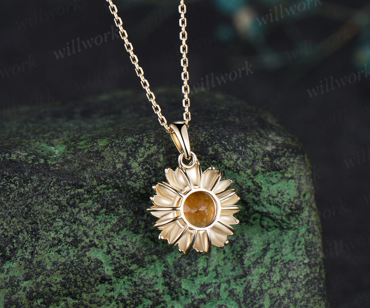 Round cut citrine sunflower necklace solitare yellow cystal pendant necklace November jewelry