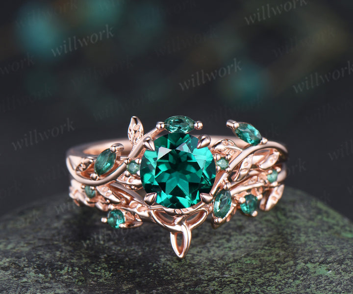 Round emerald engagement ring set marquise emerald twig ring celtic knot wedding band nature inspired bridal set