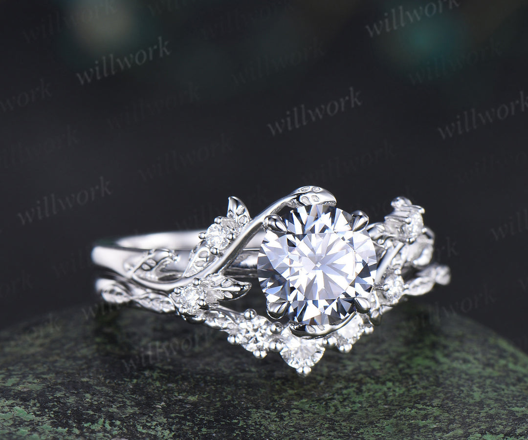 Round cut gray moissanite ring set nature inspired leaf moissanite ring matching wedding band unique bridal set jewelry gifts