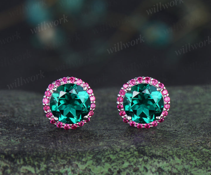 Vintage round emerald stud earrings red ruby halo piercing earrings unique jewelry gifts