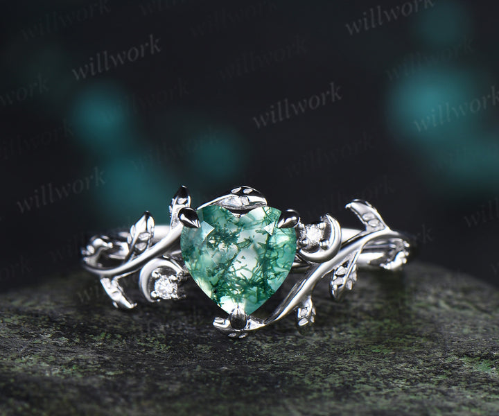 Vintage Heart Moss Agate Engagement Ring Twig Leaf Nature inspired Moon Diamond Celtic knot Wedding Ring Set
