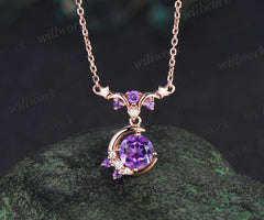 Round amethyst moon stars necklace February birthstone moissanite cluster pendant elegant wedding gifts