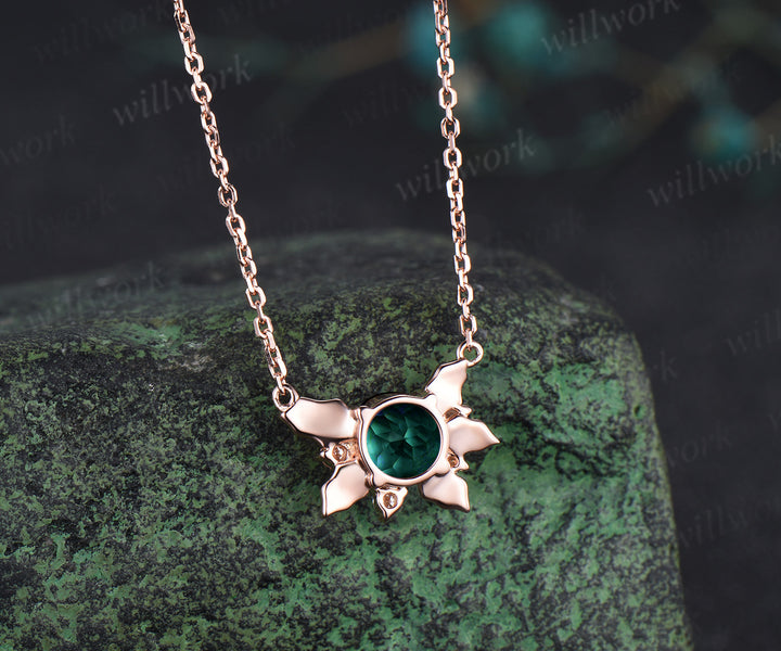Round emerald leaf pendant necklace nature inspired moissanite rose gold necklace jewelry gifts for women