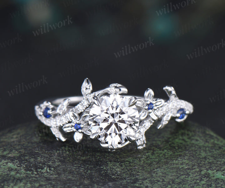 Round brilliant cut lab grown diamond leaf engagement ring set solid 14k white gold floral twig sapphire diamond promise ring unique bridal set
