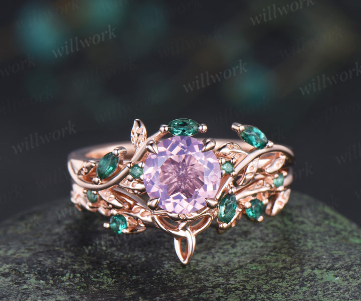 Round lavender amethyst engagement ring set marquise emerald twig ring celtic knot wedding band nature inspired bridal set