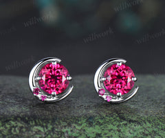 Round ruby moon stud earrings unique solid 14k 18k white gold ruby cluster earrings July birthstone jewelry gifts for women