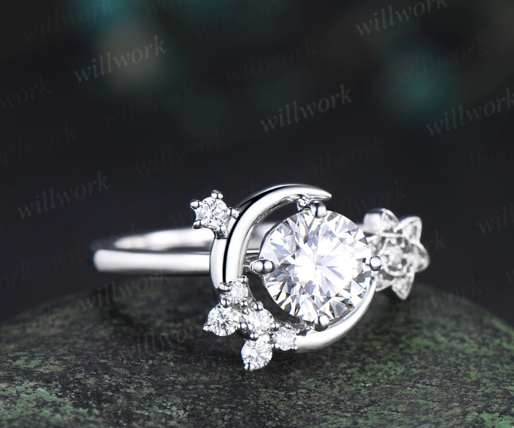 6.5mm round lab grown diamond engagement ring unique moon cluster diamond ring solid 14k white gold bridal ring gifts for women