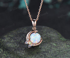 Art Deco Moon Round Opal Necklace Peridot Alexandrite Cluster Pendant October Birthstone Necklace Gifts