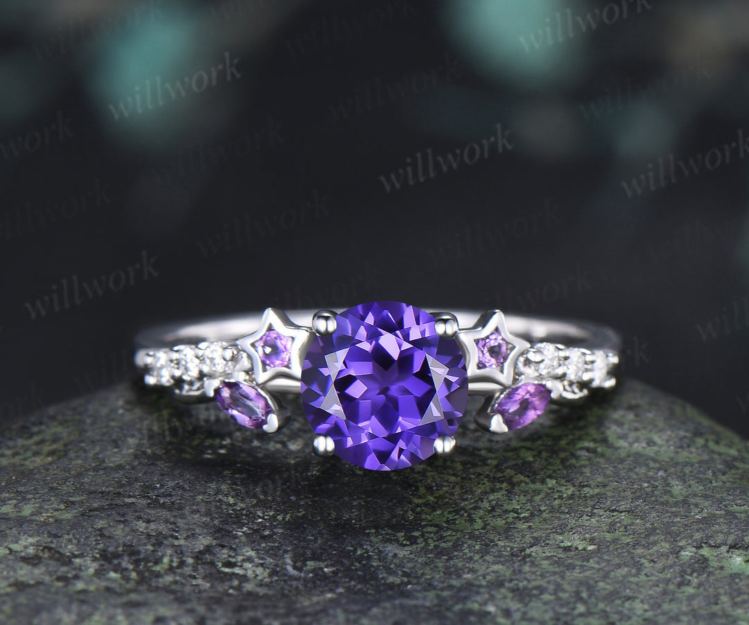 Round Cut Purple Sapphire Ring Set Art Deco Amethyst Star Moissanite Accent Promise Ring Moon Wave Wedding Band Unique Bridal Set