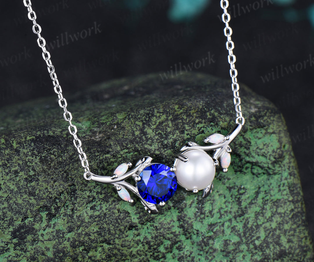 1ct Round Sapphire Pearl Leaf Vine Necklace Toi et Moi Pendant with Opal Unique Couple BFF Necklace Gifts