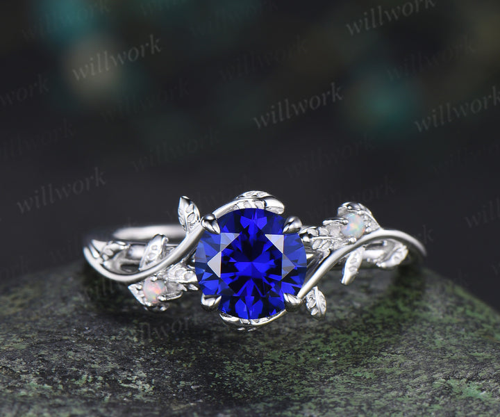 1ct round cut blue sapphire engagement ring set leaf twig opals ring moissanite wedding band brial set