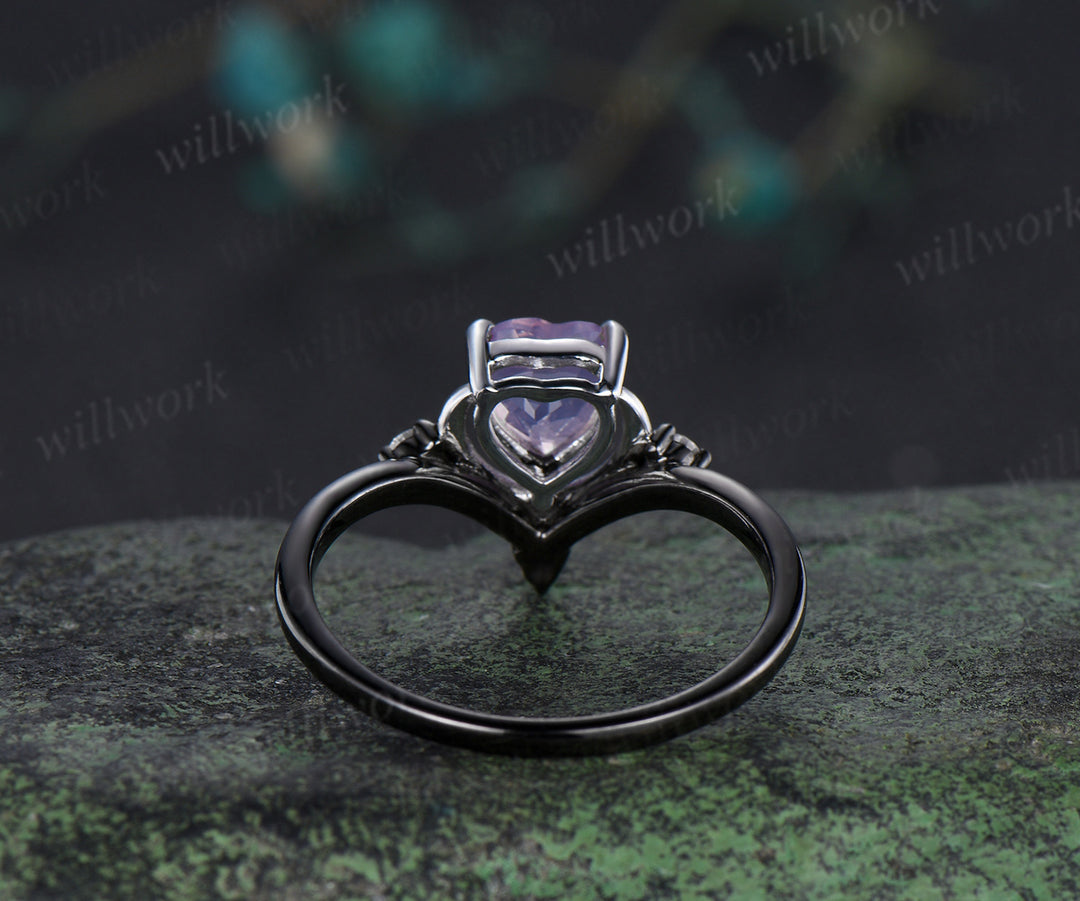 Heart cut lavender amethyst moon ring white gold crescent black gold band two gold tones diamond art deco bridal jewelry