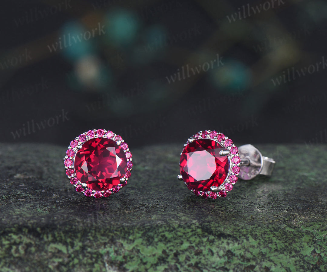 Vintage round ruby stud earrings red ruby halo piercing jewelry July birthstone gifts