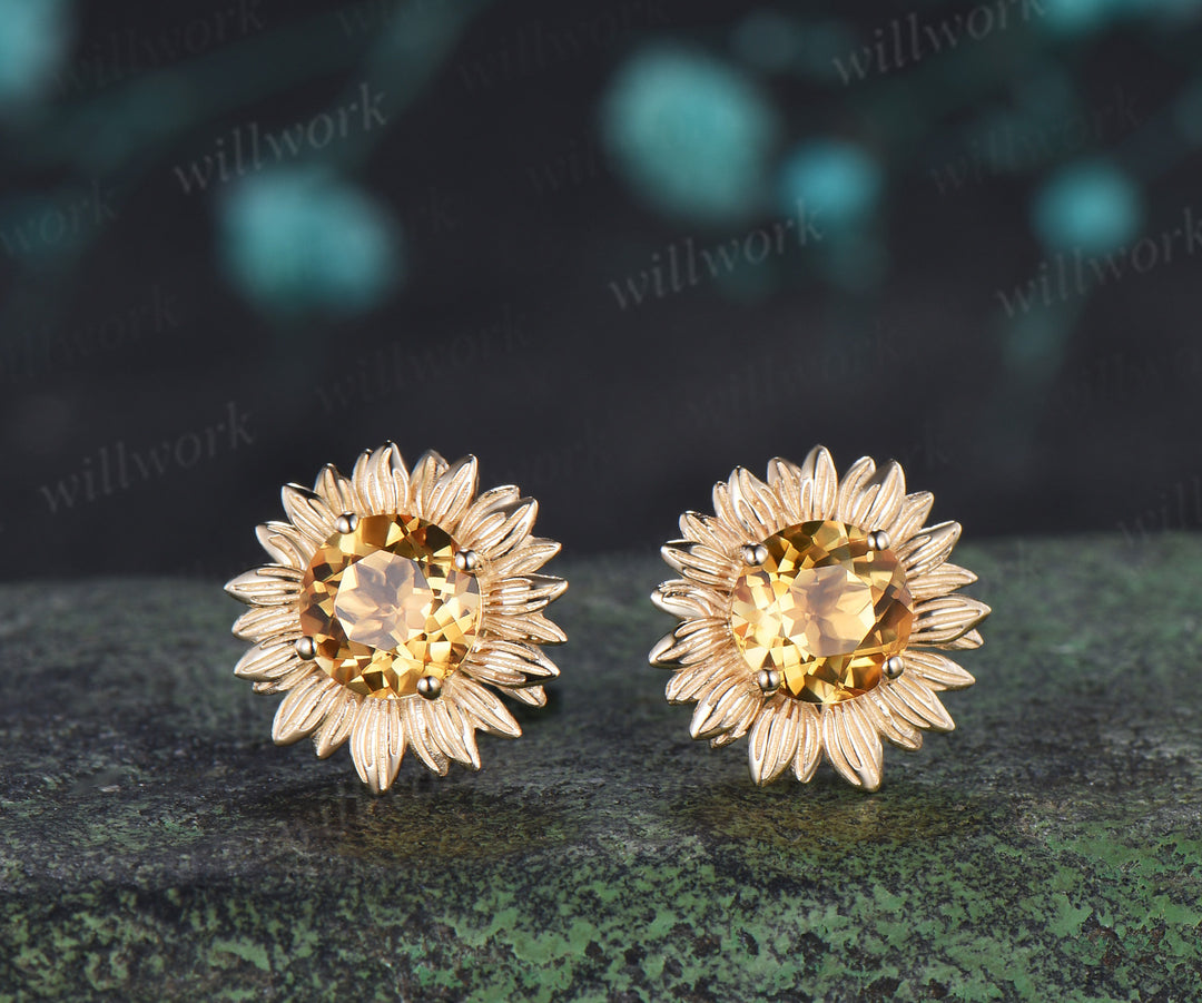 Round Cut Yellow Citrine Sunflower Stud Earrings Nature Inspired Citrine Flower Earrings November Birthstone Gift