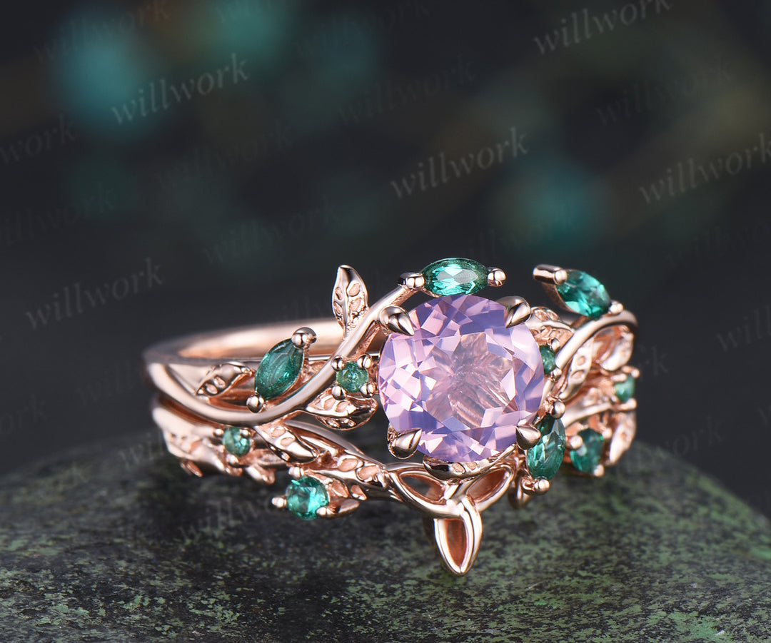 Round lavender amethyst engagement ring set marquise emerald twig ring celtic knot wedding band nature inspired bridal set
