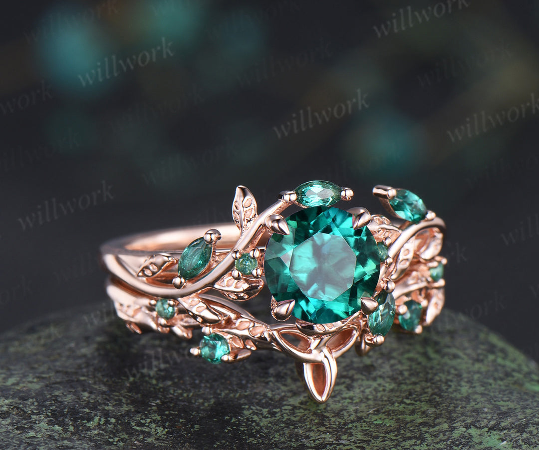 Round emerald engagement ring set marquise emerald twig ring celtic knot wedding band nature inspired bridal set