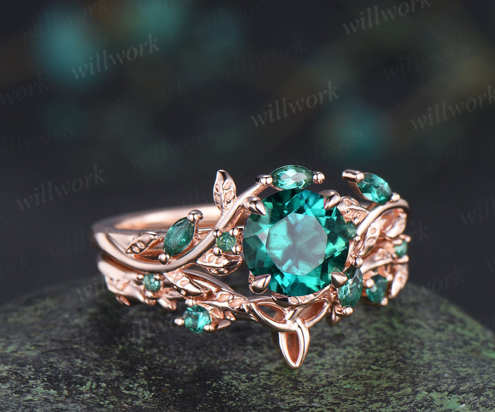 Round emerald engagement ring set marquise emerald twig ring celtic knot wedding band nature inspired bridal set