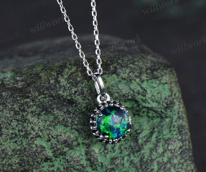 Vintage round black opal necklace unique black diamonds/black spinels pendant necklace wedding anniversary birthday gifts