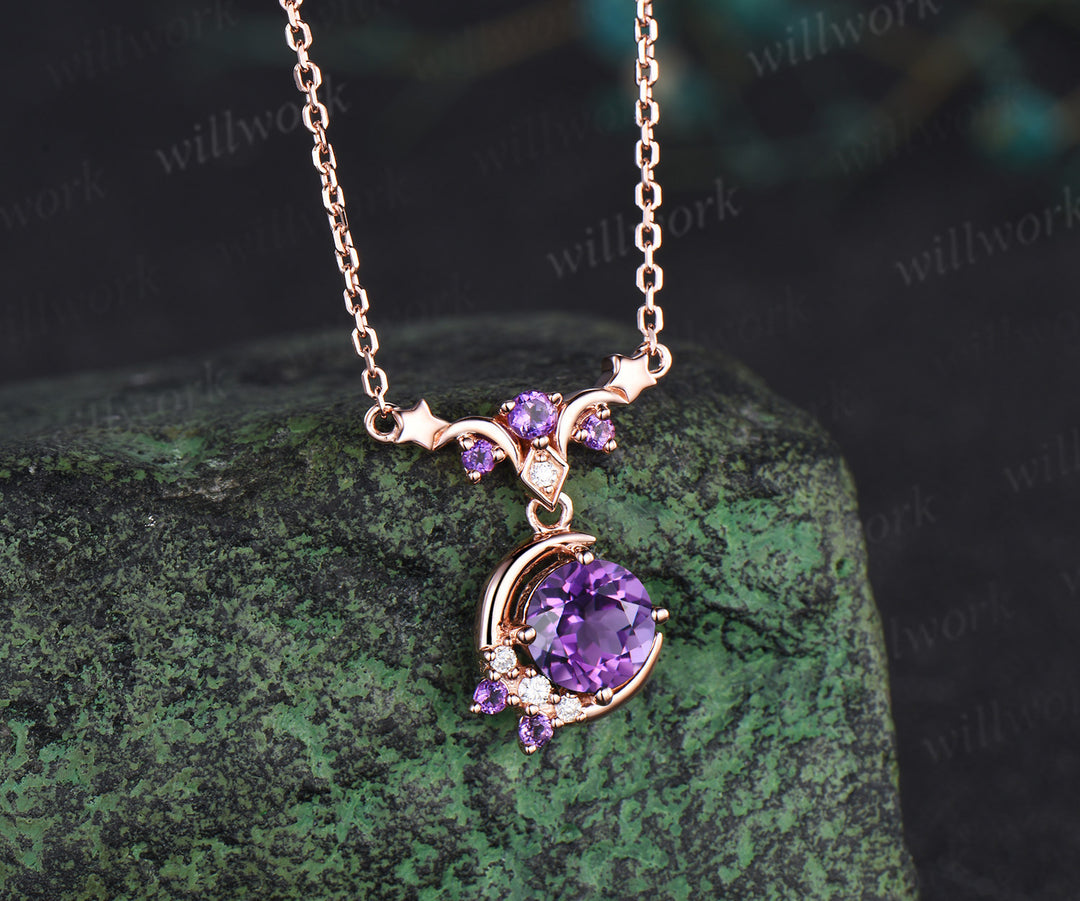 Round amethyst moon stars necklace February birthstone moissanite cluster pendant elegant wedding gifts