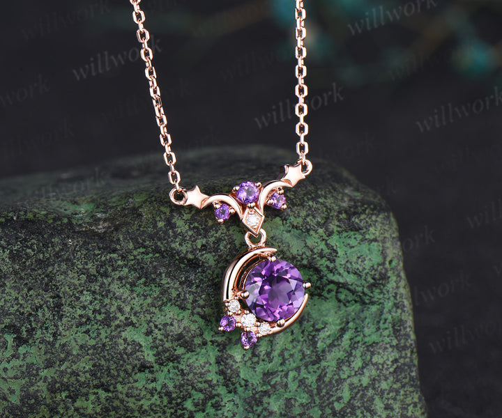 Round amethyst moon stars necklace February birthstone moissanite cluster pendant elegant wedding gifts