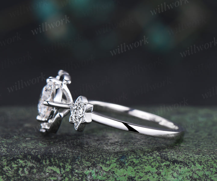 6.5mm round lab grown diamond engagement ring unique moon cluster diamond ring solid 14k white gold bridal ring gifts for women