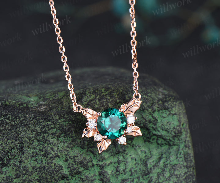 Round emerald leaf pendant necklace nature inspired moissanite rose gold necklace jewelry gifts for women