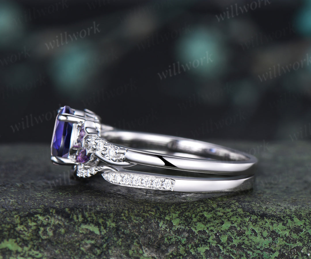 Round Cut Purple Sapphire Ring Set Art Deco Amethyst Star Moissanite Accent Promise Ring Moon Wave Wedding Band Unique Bridal Set
