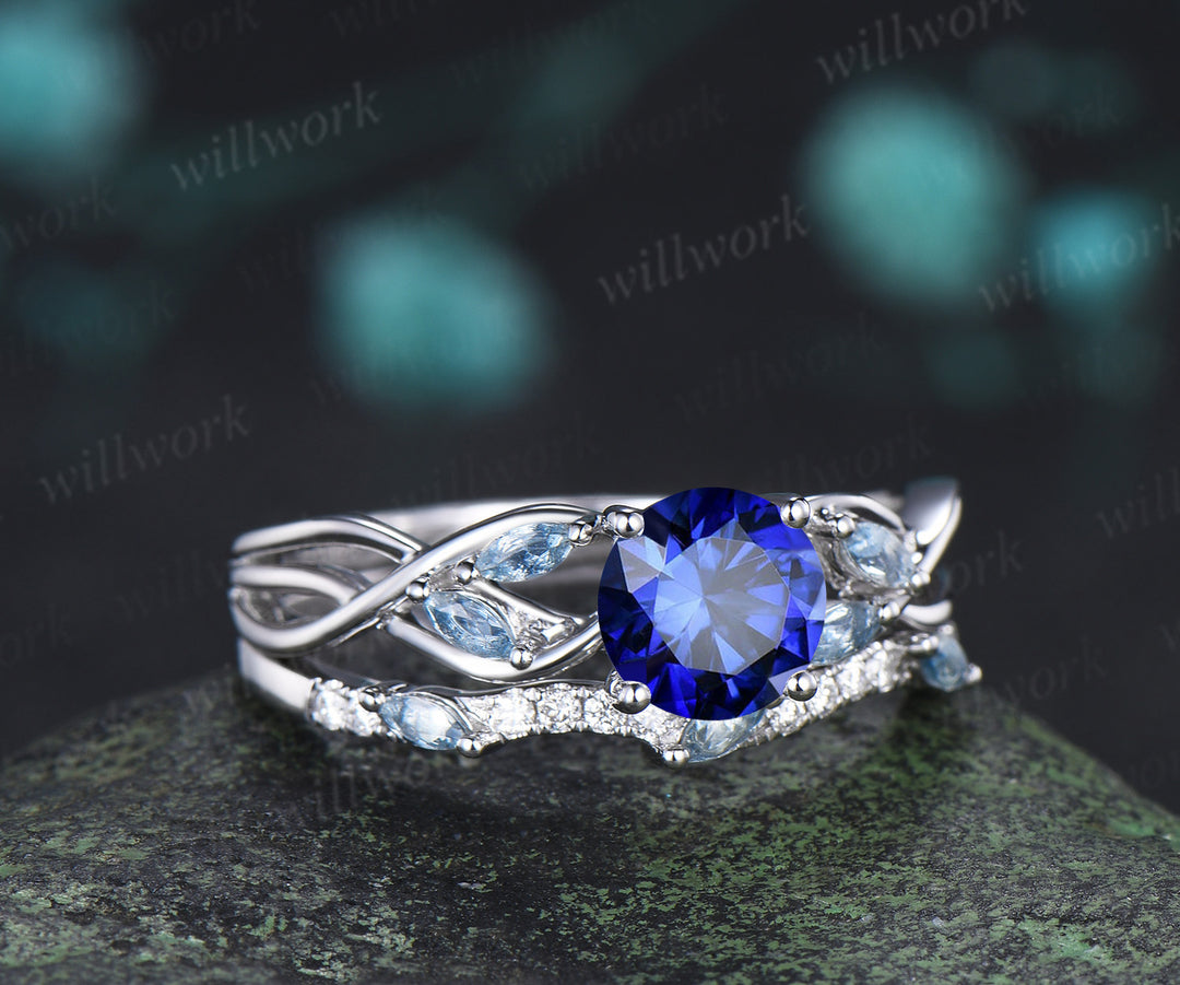 Round Cut Sapphire Engagement Ring Set Twisted Marquise Aquamarine Ring Wave Moissanite Stacking Ring Unique Bridal Set