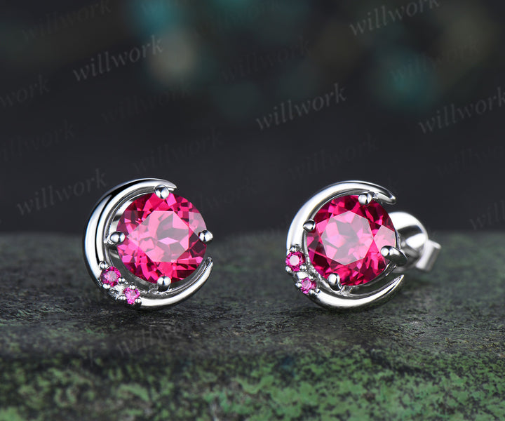 Round ruby moon stud earrings unique solid 14k 18k white gold ruby cluster earrings July birthstone jewelry gifts for women