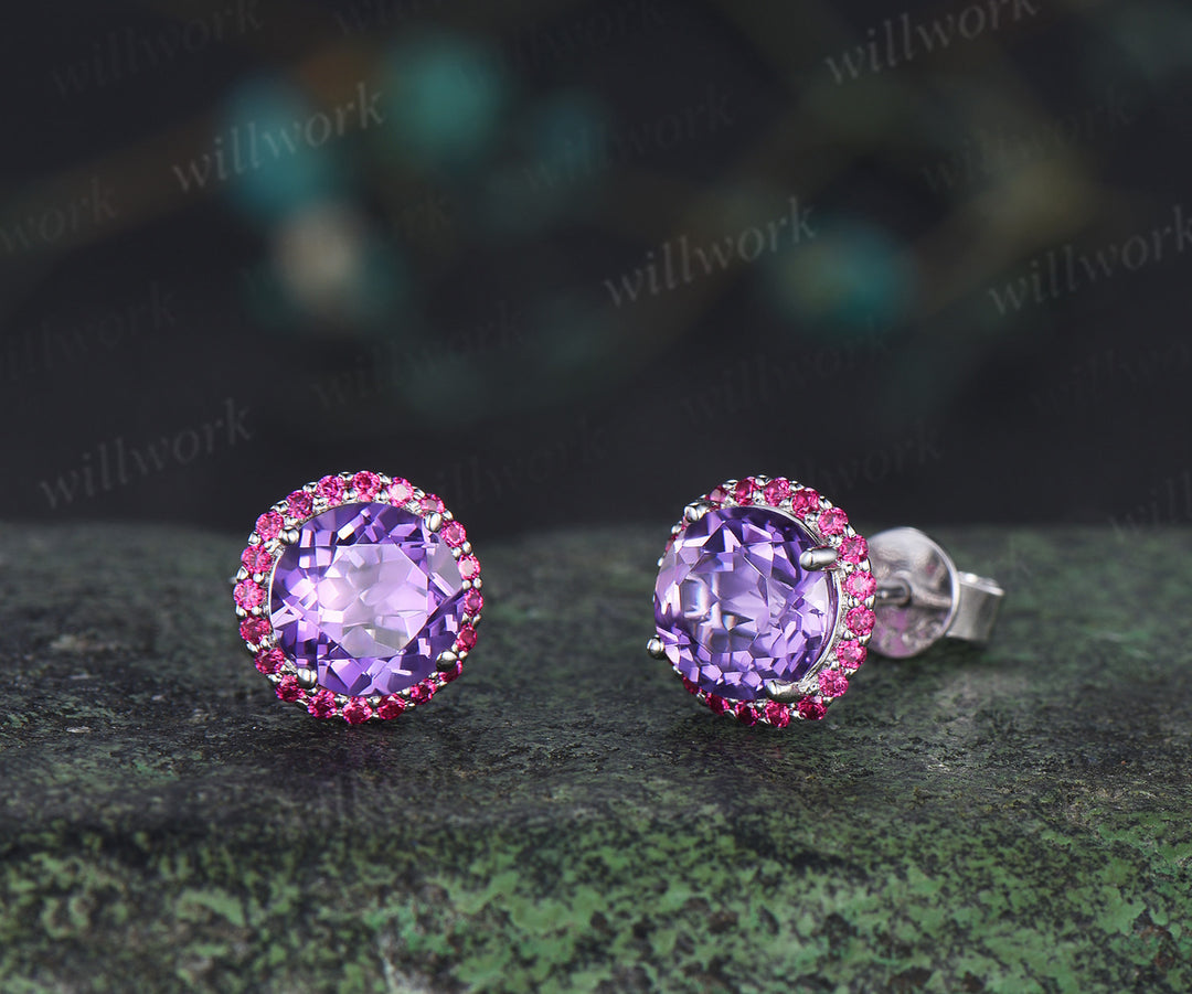 Enchanting round amethyst stud earrings red ruby halo piercing birthstone earrings gifts for her