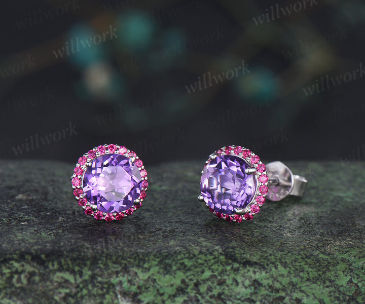 Enchanting round amethyst stud earrings red ruby halo piercing birthstone earrings gifts for her