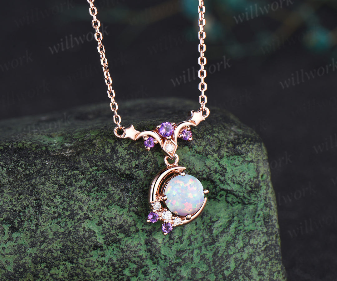 Dainty round opal moon stars necklace amethyst moissanite cluster pendant October birthstone jewelry anniversary gifts