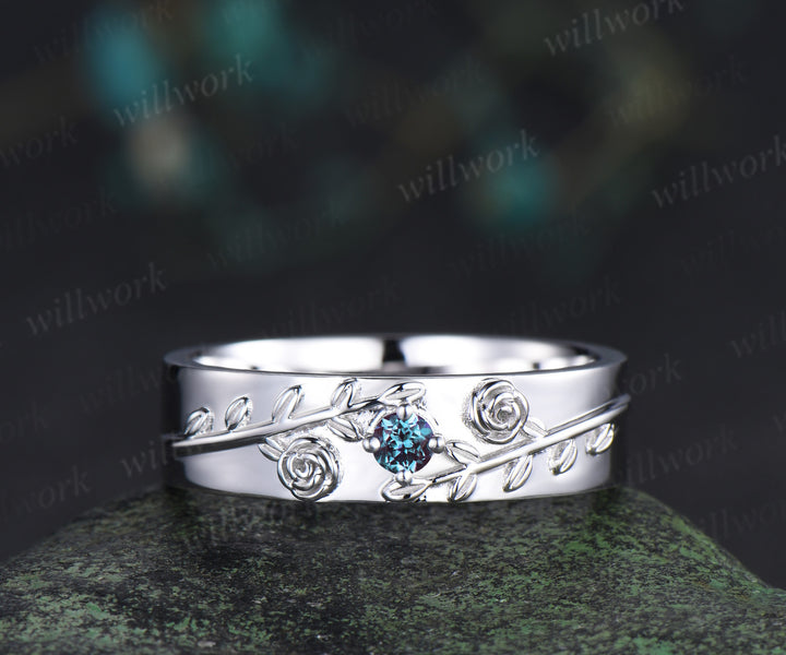 Vintage Round Alexandrite Leaf Bridal Ring Set & Leaf Vine Floral Engraved Alexandrite Men Wedding Ring Enchanted Couple Ring Set