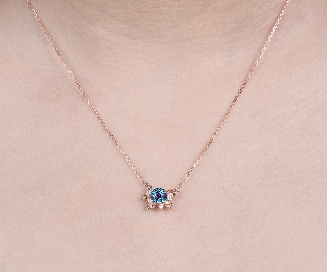 Nature inspired round alexandrite leaf pendant necklace color change gemstone moissanite pendant June birthstone gifts