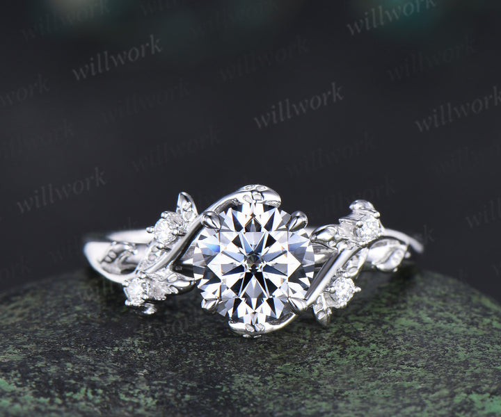 Round cut gray moissanite ring set nature inspired leaf moissanite ring matching wedding band unique bridal set jewelry gifts