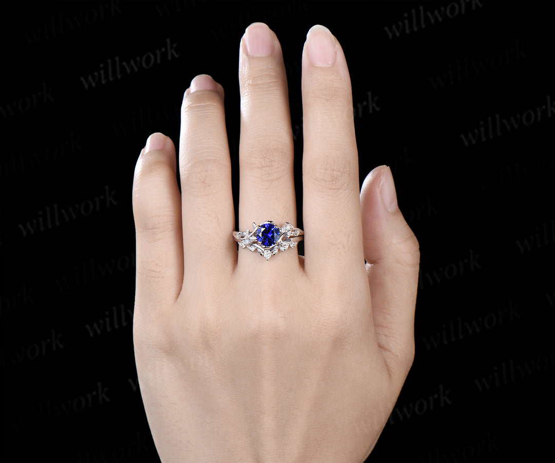 1ct round cut blue sapphire engagement ring set leaf twig opals ring moissanite wedding band brial set
