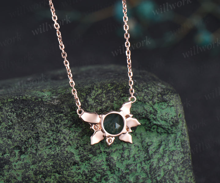 Round moss agate leaf pendant necklace nature inspired moissanite rose gold necklace birthday anniversary gifts