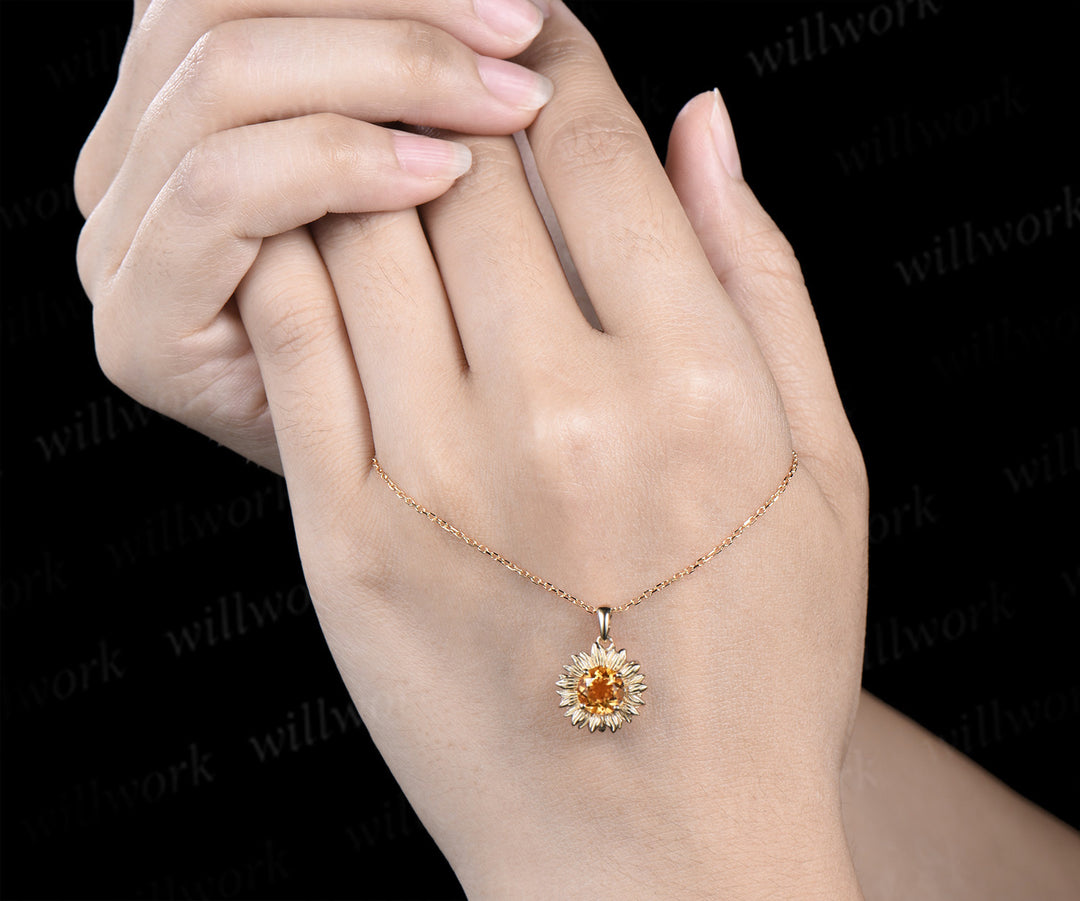 Round cut citrine sunflower necklace solitare yellow cystal pendant necklace November jewelry