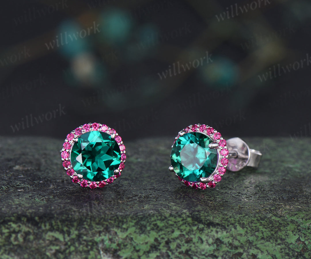 Vintage round emerald stud earrings red ruby halo piercing earrings unique jewelry gifts